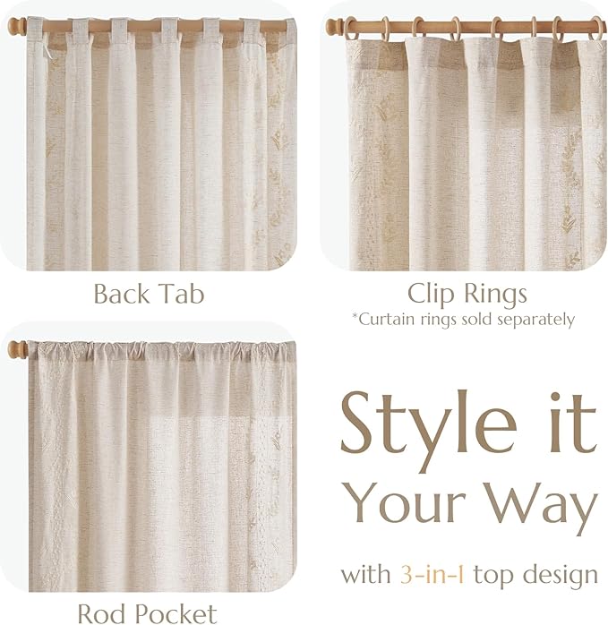 jinchan Belrose Linen Curtains for Bedroom Floral Curtains 108 Inch Length Linen Blend Ivory Embroidered Drapes Farmhouse Flower Patterned Drapes for Living Room Window Treatments Set 2 Panels