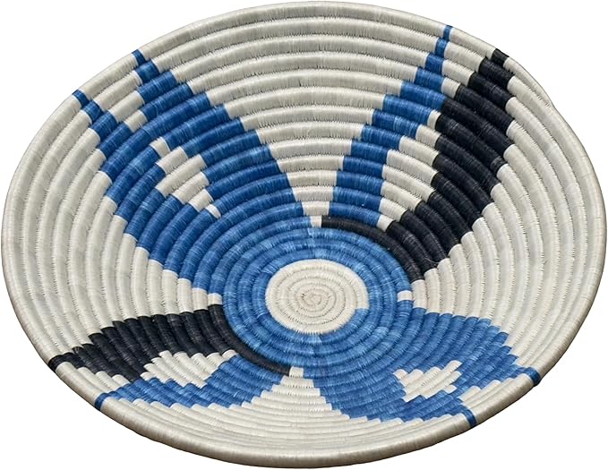 Handwoven African Basket Handmade sisal Fruit Bowl Wall Hanging decorative Baskets for Home Living Room Kitchen Centerpiece Zen Designs Arts and Crafts (Natural Blue Black, 8in diameter)