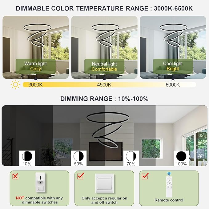 D31.5 3 Rings Modern LED Chandelier Black Dimmable LED Pendant Light with Remote Control Circular Flush Mount High Ceiling Light for Dining Room Living Room Bedroom Foyer(3000K-6500K, H71)