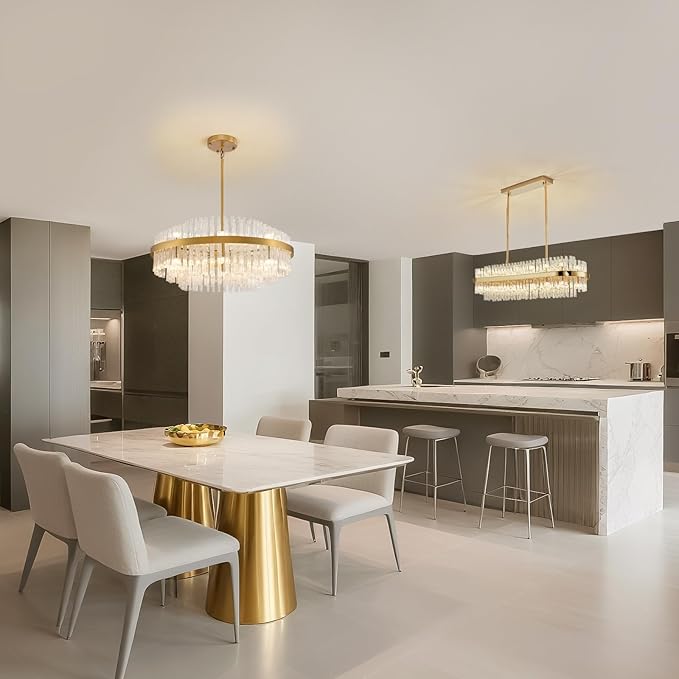 Siljoy 31.5 Inch Gold Round Chandelier, Modern Gold Crystal Chandelier with Raindrop Wave Glass Rods, Luxury 3-Way Dimmable LED Pendant Light Fixture for Living Dining Room Kitchen Island, G9 x 16