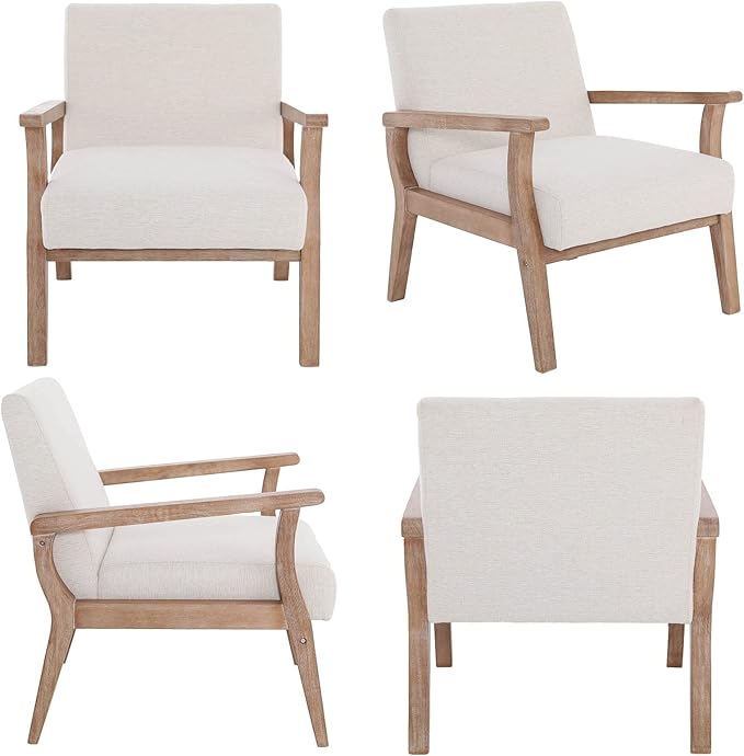 Wahson Comfy Living Room Chairs, Linen Upholstered Accent Chairs, Farmhouse Armchairs with Natural Wood Frame, Oversized Decorative Chair for Bedroom, Beige