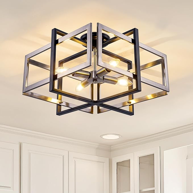 TOCHIC Flush Mount Ceiling Light, Black and Brushed Nickel Farmhouse Flush Mount Chandelier 4 Lights Industrial Metal Light Fixture for Dining Room, Living Room, Kitchen, Foyer, Hallway, Bedroom