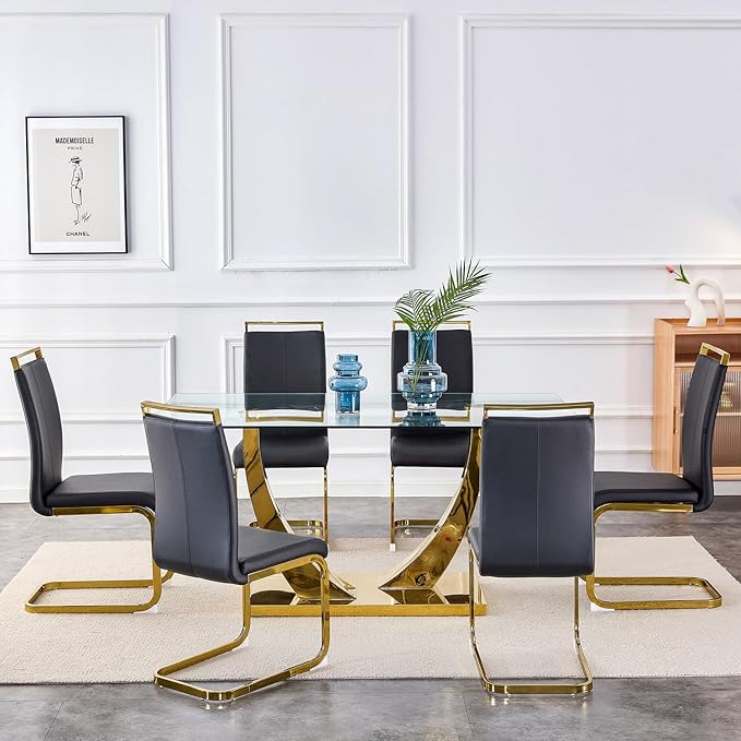 63” Glass Dining Table Set for 6,Gold Dining Room Table Set for 6,Modern Kitchen Table and PU Leather Chairs for 6, Dinner Table with Rectangle Tempered Glass Top and Golden Base