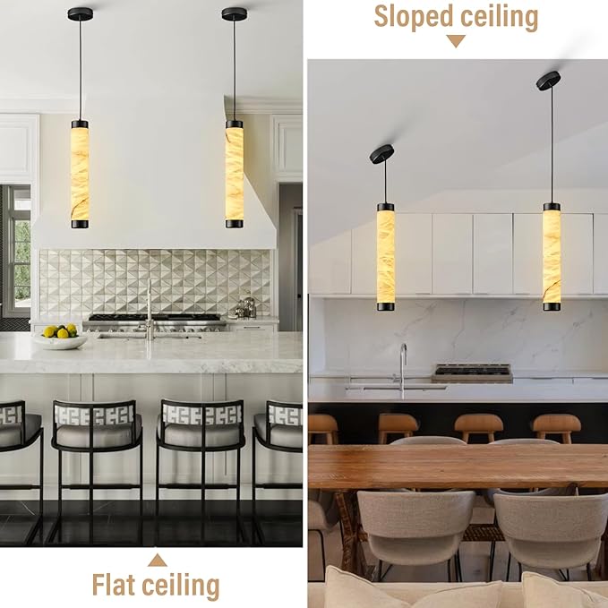 20" Alabaster Pendant Lights, 2PCS Natural Marble Cylinder Black Pendant Light, Adjustable Modern Ceiling Light Fixtures for Kitchen Island, Dining Room, Bedroom, Living Room, Bathroom