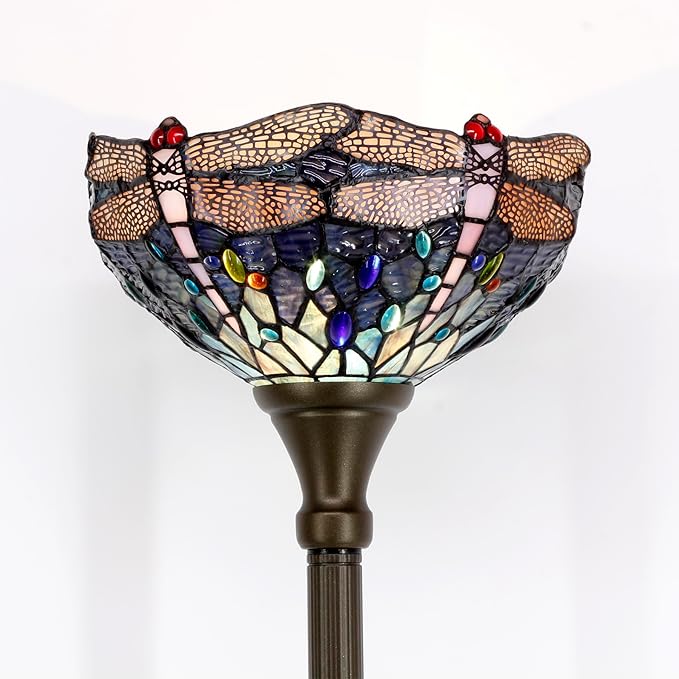 WERFACTORY Tiffany Floor Lamp Sea Blue Stained Glass Dragonfly Light 12X12X71 Inches Pole Torchiere Standing Corner Torch Uplight Decor Bedroom Living Room Home Office S631 Series