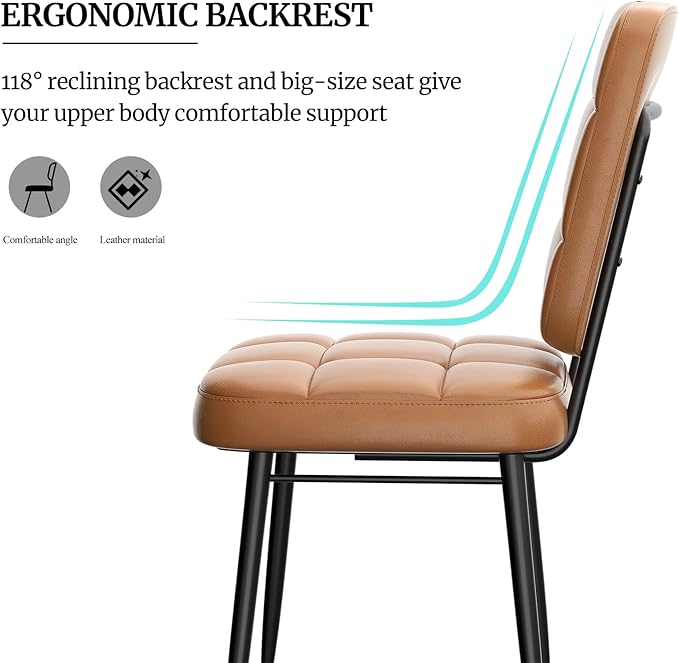 Leather Dining Chairs Set of 4, Upholstered Dining Room Kitchen Chairs with Thick Cushion, High Backrest, Metal Legs, Mid Century Modern Side Chair for Living Room Restaurant, Turmeric Brown