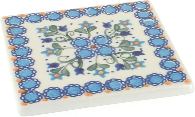 Blue Rose Polish Pottery - Blue Savannah Tile - 4.5" Square - Ceramic Decorative Tile for Kitchen Backsplash, Trivet or Wall Art