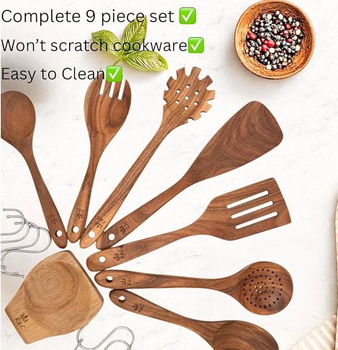R&C 9-Piece Wooden Kitchen Utensil Set – Premium Teak Cooking Spoons, Spatulas & Strainer with Holder & Hooks – Eco-Friendly, Nonstick, Durable Wooden Cookware Gift Set