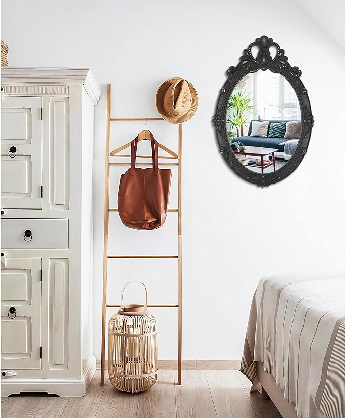 Vintage Black Hanging Wall Mirror Wall Decor 24"x16" Antique Oval Carved Wood Frame Bathroom Mirror Vanity Rustic Wall Mounted Mirrors Decorative Farmhouse Mirrors for Bedroom Living Room