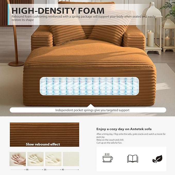 Oversized Chaise Lounge, Corduroy Sofa Bed Chair Indoor with Throw Pillows, Cozy Cloud Couch, Upholstered Sleeper Sofa Couch for Living Room, Bedroom, Apartment, Light Gray
