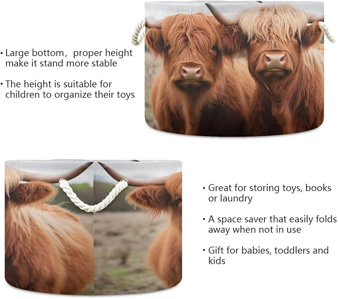 xigua Large Storage Basket Cotton Rope Basket Highland Cows Baby Laundry Basket for Blankets Toys Storage Basket Laundry Hamper