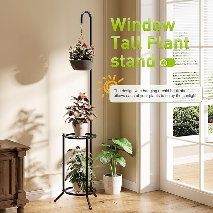 Plant Stand with Hooks Indoor Outdoor Corner Tall Plant Stand Heavy-Duty Metal 3-Tier Plant Shelf Holder Rack for Patio Garden Balcony Living Room Bedroom(semicircular Black)