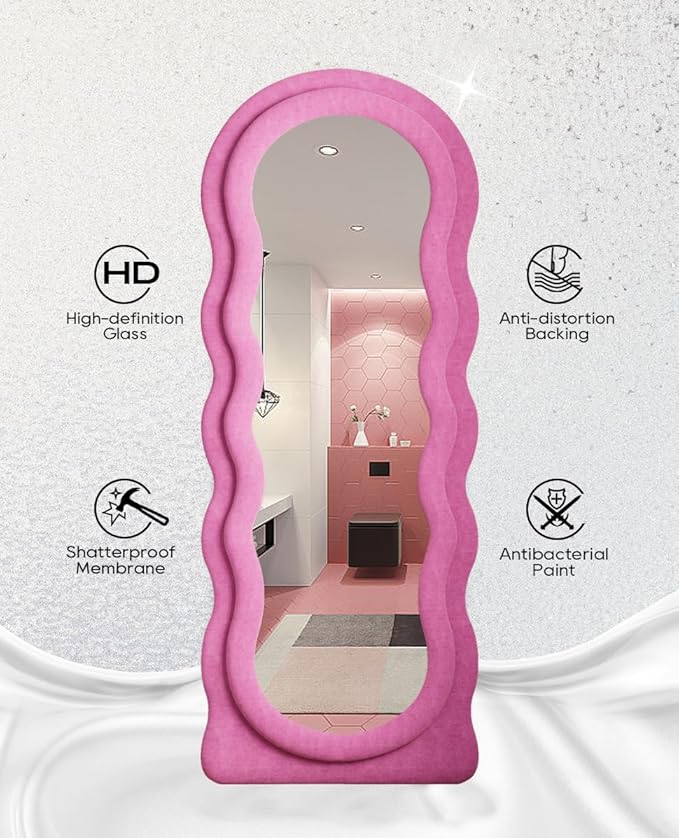 Full Length Mirror, 63"x24" Wavy Floor Mirror, Arched Standing Mirrors Full Length, Cloud Shaped Flannel Wall Mirror, Dressing Body Mirrors Hanging or Leaning Against Wall for Bedroom (Pink)
