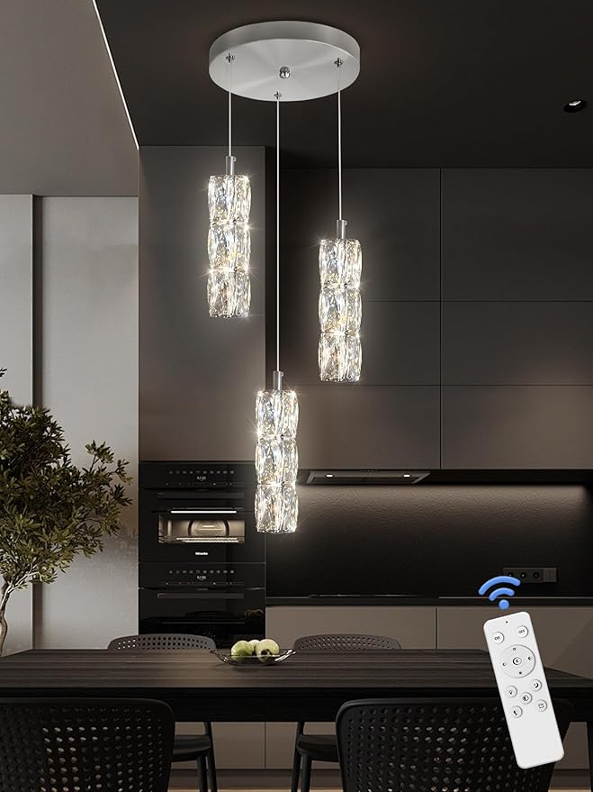 Pendant Lights Kitchen Island 3-Lights Silver Crystal Chandelier for Dining Room Hallway Stairwell,LED Dimmable 2700K-6000K