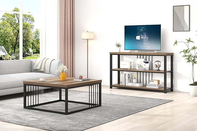 FOLUBAN Coffee Table, Modern Square Center Table for Living Room, Industrial Rustic Wood and Metal Cocktail Tea Table, 31.5 Inch, Oak