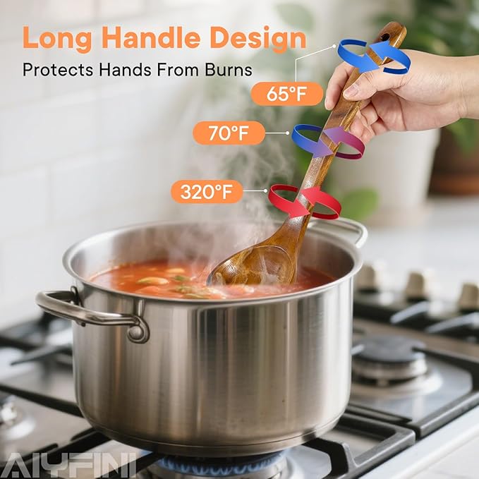 Non-Toxic Wooden Utensils for Cooking - Natural Acacia & Glue-Free,15.4" Large Spatula Set, Long Handle for Scald-Resistant, Wood Kitchen Spoons/Chopsticks/Holder, for Non Stick Frying Pans by ALYFINI