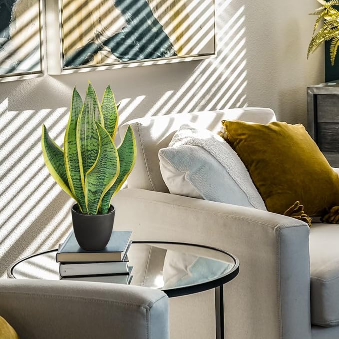 Briful Fake Plant 16 Inch Fake Snake Plant Artificial Plants Indoor Sansevieria Faux Plants with Black Pot Artificial Snake Plant for Living Room Bathroom Office Table Centerpieces Shelf Home Decor
