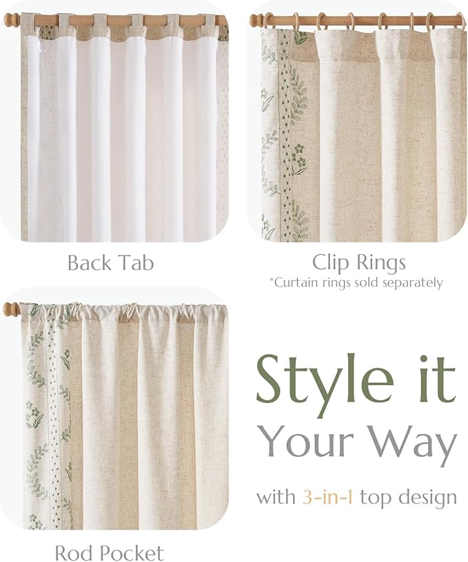 jinchan Belrose Lined Linen Blend Curtains Floral Curtains for Bedroom 63 Inch Length Sage Green Embroidered Drapes Rod Pocket Farmhouse Flower Drapes for Living Room Window Treatments Set 2 Panels