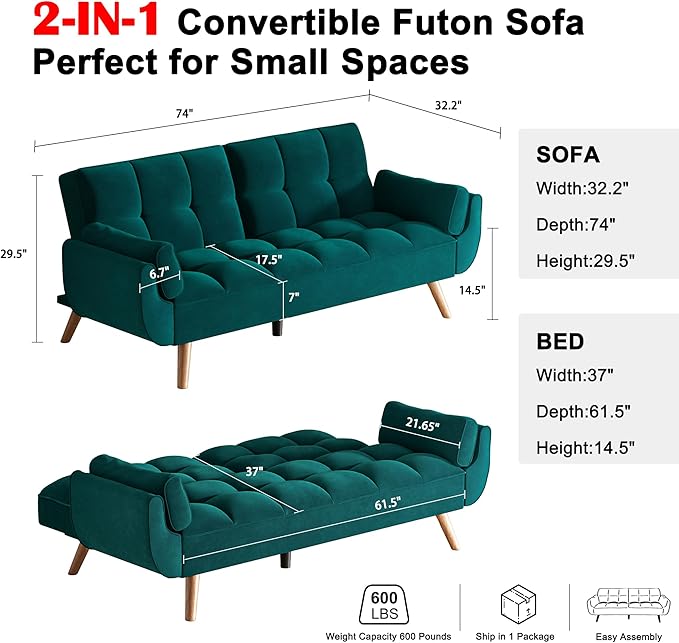 Futon Couch for Small Spaces & Apartment, 2-in-1Modern Comfy Loveseat Convertible Sofa Bed, 75.4-Inch Compact Design for Living Room, Dorms, and Studios-Green