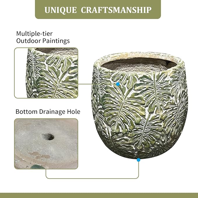 Craft flowerpots 18"+13"+9" Dia Round Concrete Planter Set of 3 Large Outdoor/Indoor Planter Pots Containers with Drainage Holes and Rubber Plug for Home Garden (Green, Large)