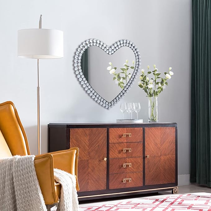 BST Furnishings Heart Shaped Mirror - 24 Inch Decorative Wall Mirror with Crystal Framed Heart