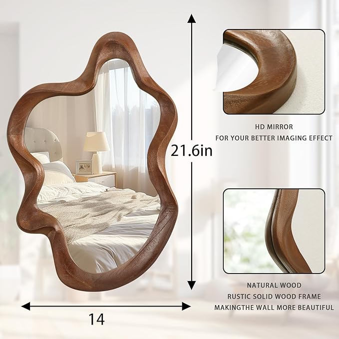 Asymmetrical Mirror Wood Frame Irregular Wall Mirrors Unique Shape Wall Mirrors Modern Artistic Cloud Mirror Decorative for Living Room Bedroom Cloakroom Bathroom Entryway Hallway 22"x15"