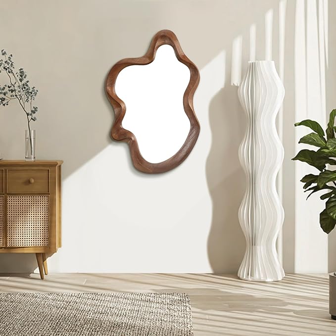 Asymmetrical Mirror Wood Frame Irregular Wall Mirrors Unique Shape Wall Mirrors Modern Artistic Cloud Mirror Decorative for Living Room Bedroom Cloakroom Bathroom Entryway Hallway 22"x15"