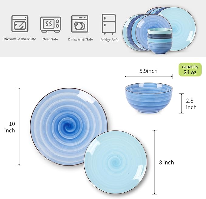 Selamica Ceramic Dinnerware Sets, 12 Pieces Plates and Bowls Sets, Scratch Resistant Dishes Set for 4, Handpainted Swirl Dishware Sets with Spray Black Dots, Dishwasher&Microwave Safe, Gradient Blue
