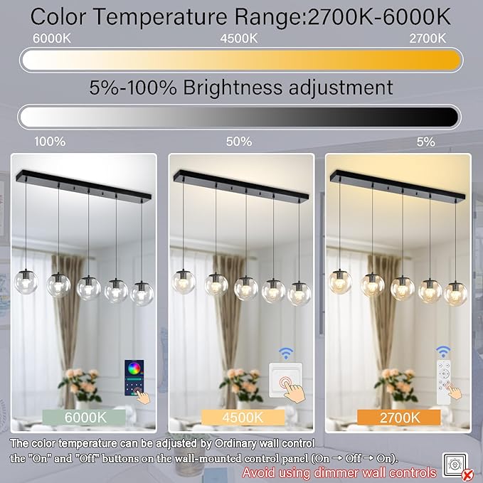 5-Lights Modern Rectangle Chandelier Globe Pendant Light,Black Linear Globe Chandeliers for Dining Room and Kitchen Island