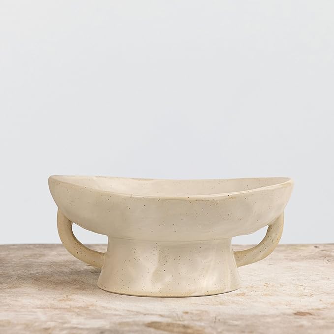 Creative Co-Op Stoneware Footed Pedestal/Bowl with Handles, Reactive Glaze, White