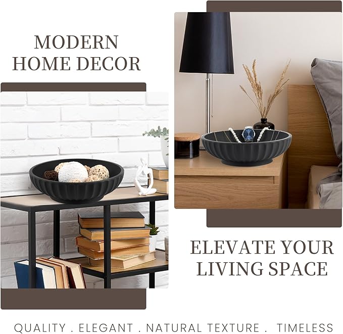 Large Decorative Bowl - Fruit Bowl for Kitchen Counter - Modern Decorative Bowl for Home Decor,Key Bowl for Entryway Table - Matte Black