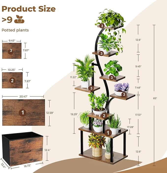 Plant Stand Indoor with Grow Lights - 8 Tiered Lighted Plant Shelf Indoor with Drawer, 65" Large Plant Stand for Indoor Plants Multiple, Metal Tall Plant Flower Holder for Home, Living Room, Patio