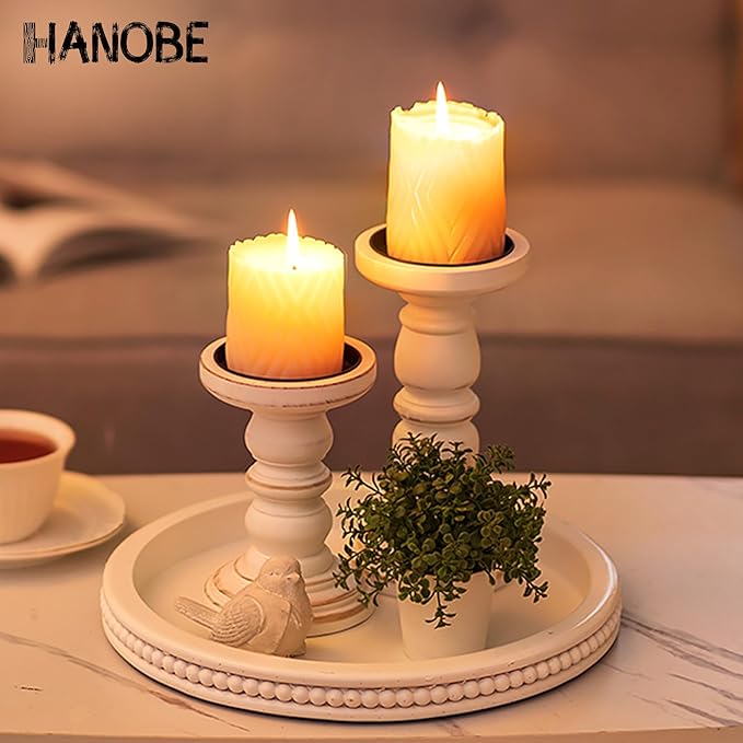 Hanobe Decorative Coffee Table Tray: White Beaded Round Serving Tray Modern Farmhouse Wooden Circle Centerpiece Tray Decor for Home Living Dining Room Kitchen Counter Bathroom