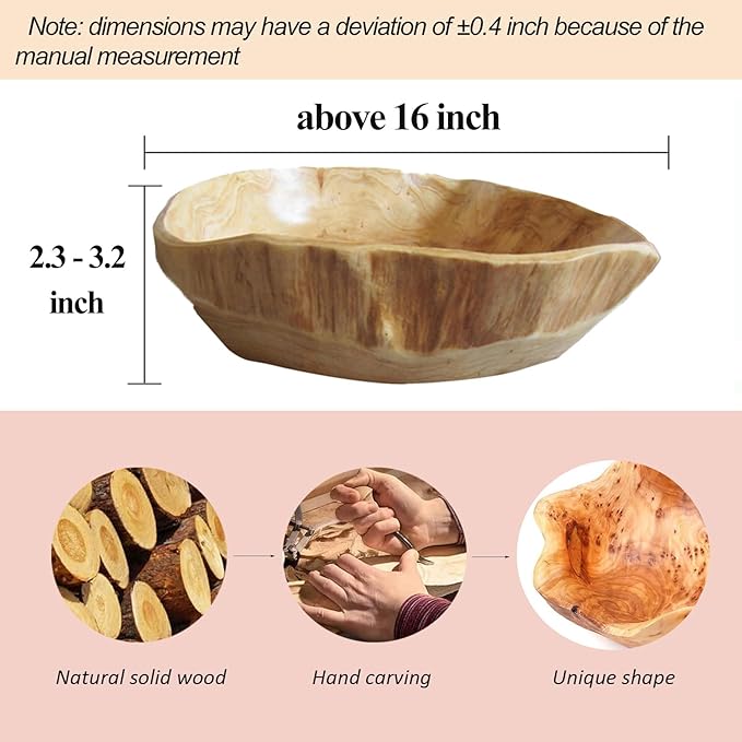 Wooden Bowl Decorative Natural Wood Fruit Bowl, Irregular Creative Wood Bowls, Rustic Hand Carved Candy Snack Keys Serving Bowls for Home Decor (Above 16" Diameter)