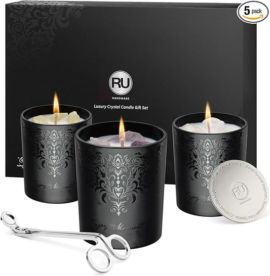 Luxury Black Scented Candles Gift Set for Men – 3x7oz Soy & Beeswax Crystal Candles with Wick Trimmer & Snuffer Lid, Aromatherapy Candles for Home Scented, Masculine Gift for Men & Women