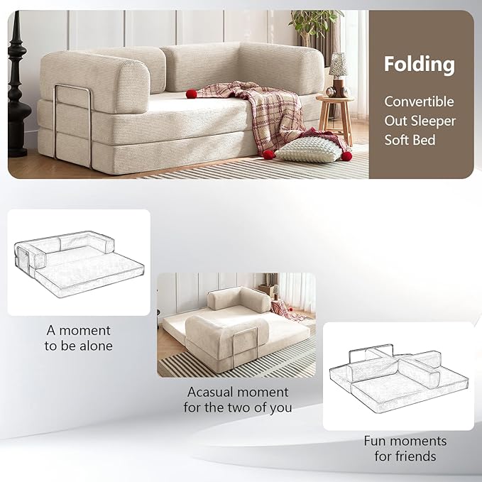 Modern Convertible Lounge Chair, Corduroy Fabric, Square Platform Design with Metal Frame, Floor Sofa Bed with Fixed-Shape Frame,Living Room Seating with Armrest (Beige, 2-Seater Sofa)