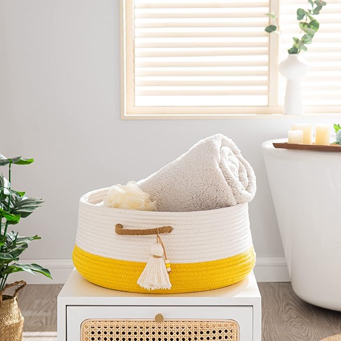 KAKAMAY Woven Baskets for Storage(16"x8"),Blanket Basket for Organizing Living Room,Cotton Rope Basket Woven Baby Laundry Hamper,Collapsible Laundry Room Organization,Clothes,Toy Chest(Yellow)