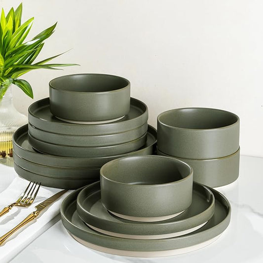 TheTerra Ceramic Dinnerware Sets for 4, 12 Pieces Handmade Reactive Glaze Plates and Bowls Set, Scratch Resistant Dish Set, Oven & Microwave & Dishwasher Safe, Matte Green