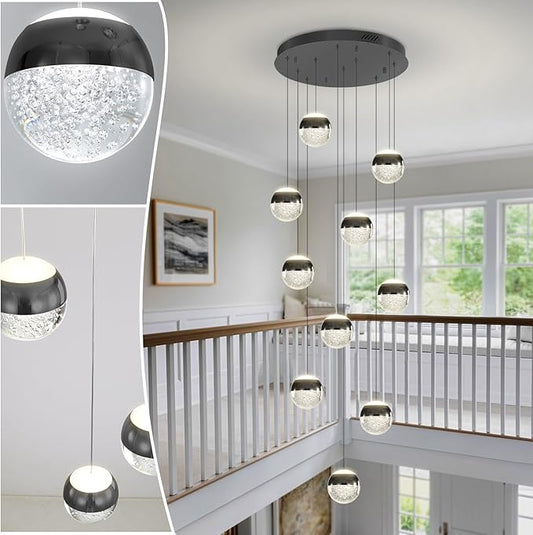 Staircase Chandelier Crystal Globe Pendant Light Black Large Chandeliers for High Ceiling,10-Lights Hanging Flush Mount Lighting Fixtures for Foyer,Entryway,Living Room