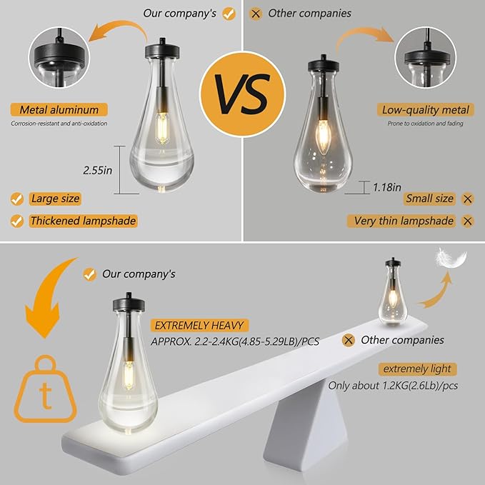 Raindrop Pendant Lights Kitchen Island Teardrop Black Hanging Light Fixtures Clear Solid Glass Pendant Light Modern Chandeliers for Dining Room Porch Corridor Living Room(Long Plate-4 Lights)