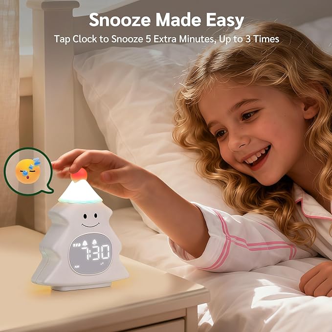 Yiliaw Kids Alarm Clock with Night Light, Christmas Tree Wake Up Clock, Rechargeable Cute Alarm Clock for Bedroom, for Boys and Girls, White