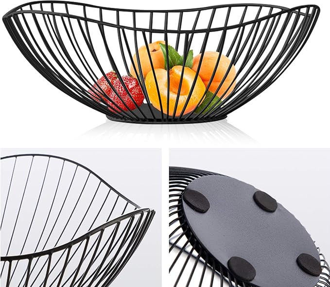 Metal Wire Fruit Basket, Black Fruit Bowl for Kitchen Counter, Fruit Holder Stand Storage Baskets for Countertop, Home Decor, Table Centerpieces, Vegetable Bowls for Fruits, Veggies, Snacks (Black)