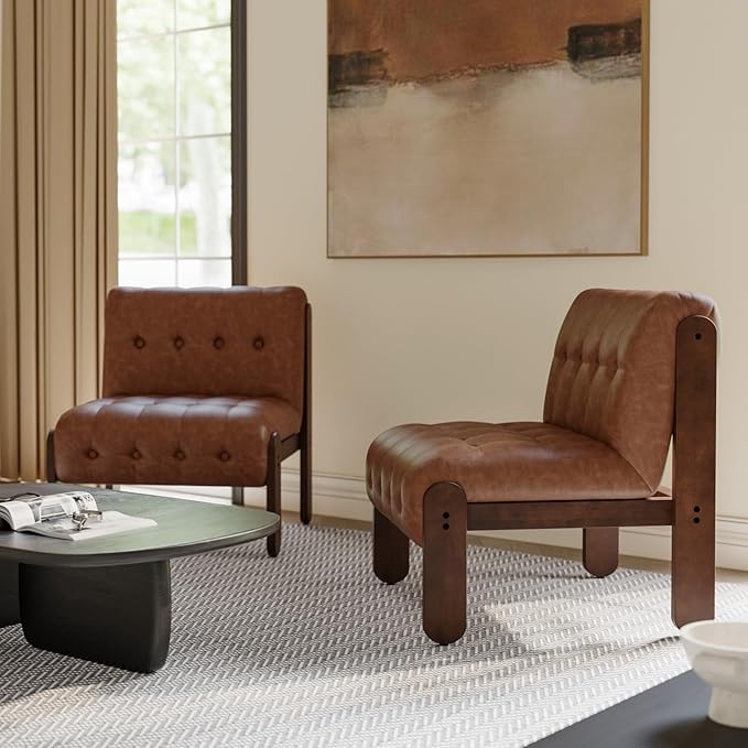 Modern Armless Accent Chair Set of 2 for Living Room, Brown PU Leather Button Tufted Upholstered Lounge Reading Chair with Walnut Wood Frame