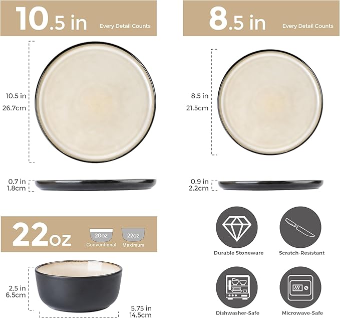 AmorArc Stoneware Dinnerware Sets,Round Reactive Glaze Plates and Bowls Set,Highly Chip and Crack Resistant | Dishwasher & Microwave Safe Dishes Set,Service for 4 (12pc)