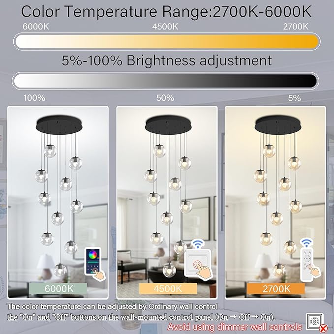 Modern Globe Chandelier H118 Staircase Chandelier for Entryway 12-Lights Glass Globe Pendant Light Large Chandeliers for High Ceiling Foyer Stairwell