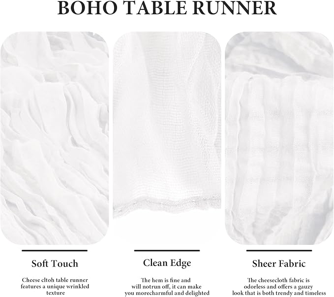 8 Pack White Cheesecloth Table Runner 35x120 Inches Boho Gauze Rustic Valentine's Day Cheese Cloth Runners 10ft Long Romantic Sheer Table Runner for Wedding Bridal Shower Party Table Decor