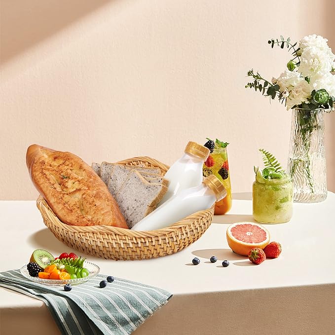 Natural Rattan Round Fruit Basket Bowls, Hand Woven Decor Serving Baskets, Wicker Storage for Dinning Room (Wave-Combo)