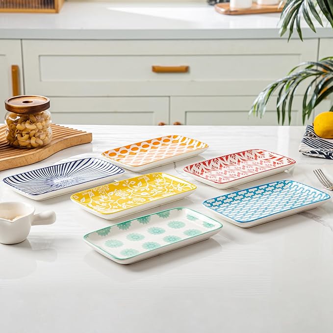 Rectangle Serving Plates Set - 8 Inch Rectangular Ceramic Dinner Appetizer Dishes - Porcelain Platter for Sushi Salad Dessert Pasta - Oven Microwave Dishwasher Safe - Set of 6 - Assorted Colors