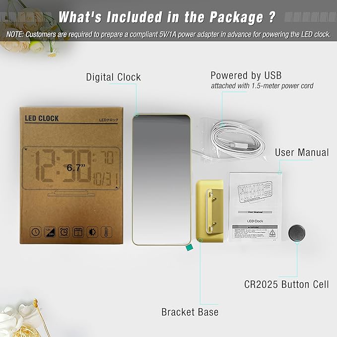 KOSUMOSU Desk Clock for Bedroom Accessories 6.7in Gold Digital Alarm Clock with Dimming,12/24h, Date, Day of Week, Temp, LED Clock, Modern Digital Calendar Clocks for Living Room Essentials