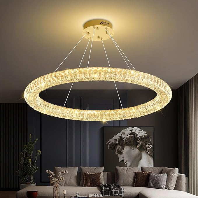 Modern Crystal Chandelier Dimmable LED 39.4" Ring Pendant Light Adjustable Round Gold Crystal Chandelier Light Fixtures for Dining Room Living Room